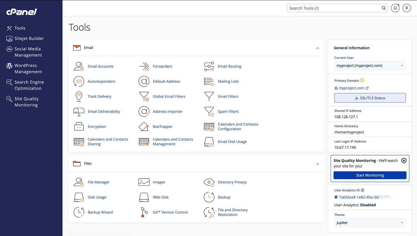 The cPanel Tools dashboard included with every Baasa Cloud hosting plan, showing email, files, databases and one-click app installs.