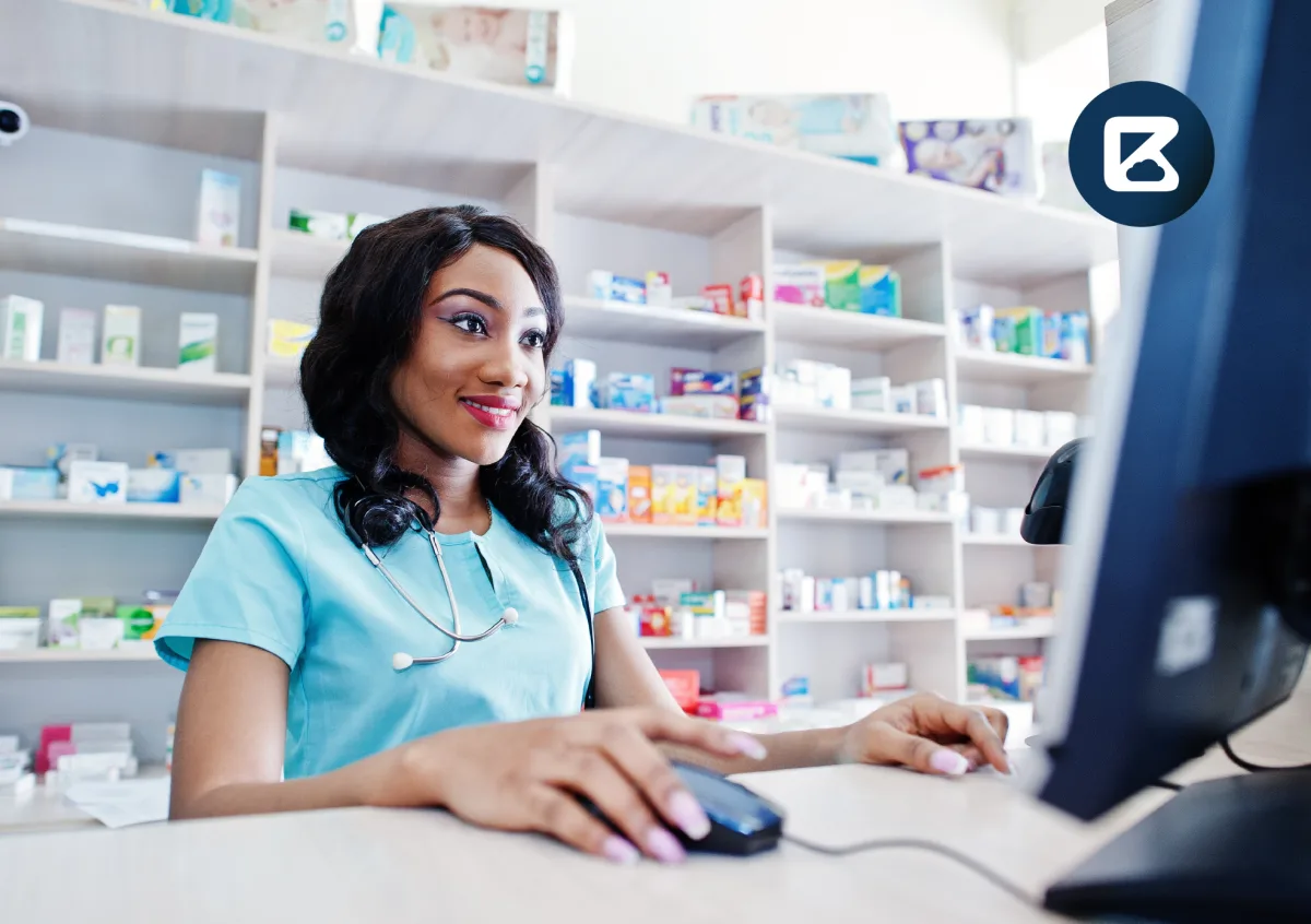 Baasa Pharma in use at a pharmacy counter